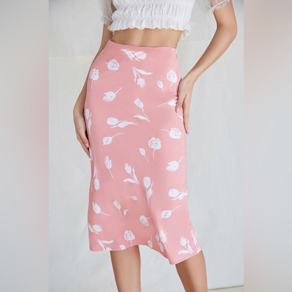 Forever 21 Pink Floral Midi-Skirt - Size Small